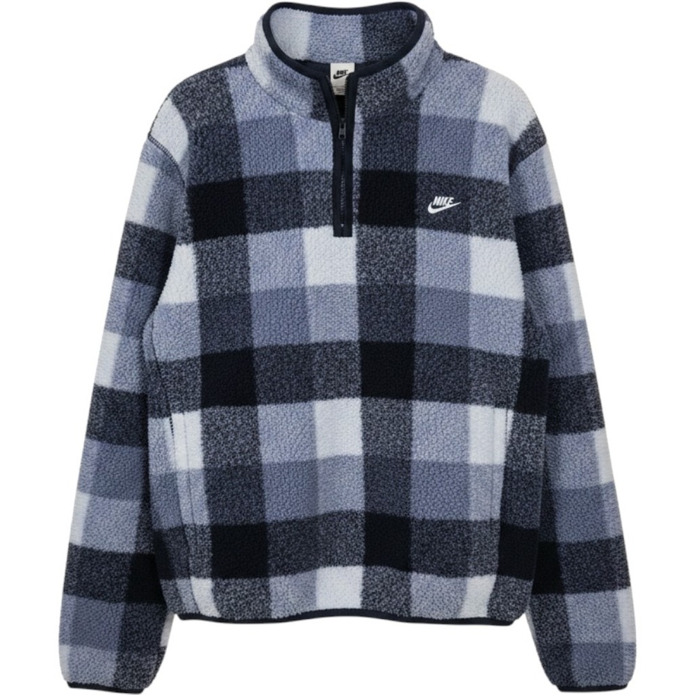 Nike Club Fleece+ Mens 1/2-Zip Winterized Top Blue Plaid Sherpa‎ FZ0896-057 M